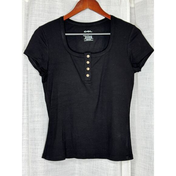 OGL Move Black Round Neck Henley Sz Large Brami Top Cap Sleeve Built in Bra NEW - Picture 1 of 5